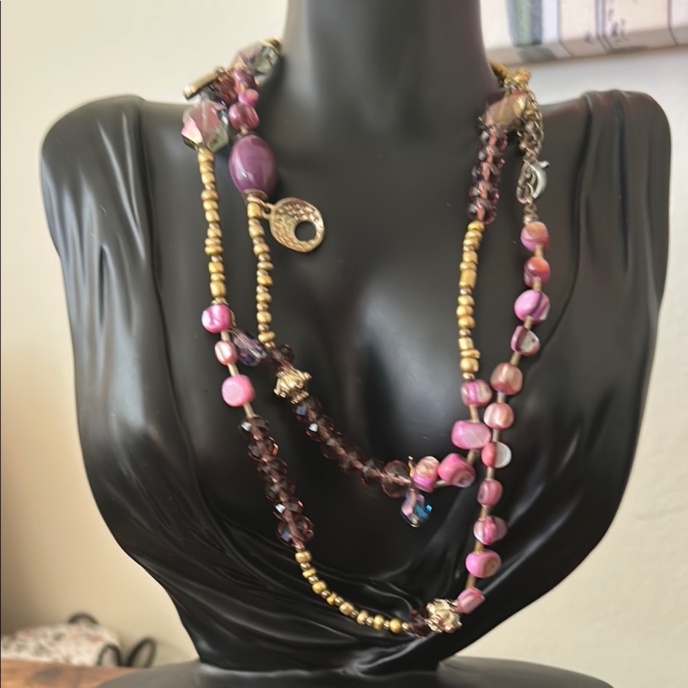 Chic Pink and Gold Multi-Strand Necklace 36 inches long
